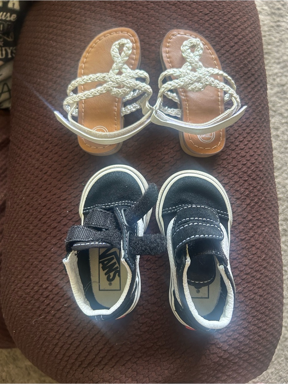 Vans Toddler Black and White Hook-and-Loop Skate Shoes and girl Sandals.